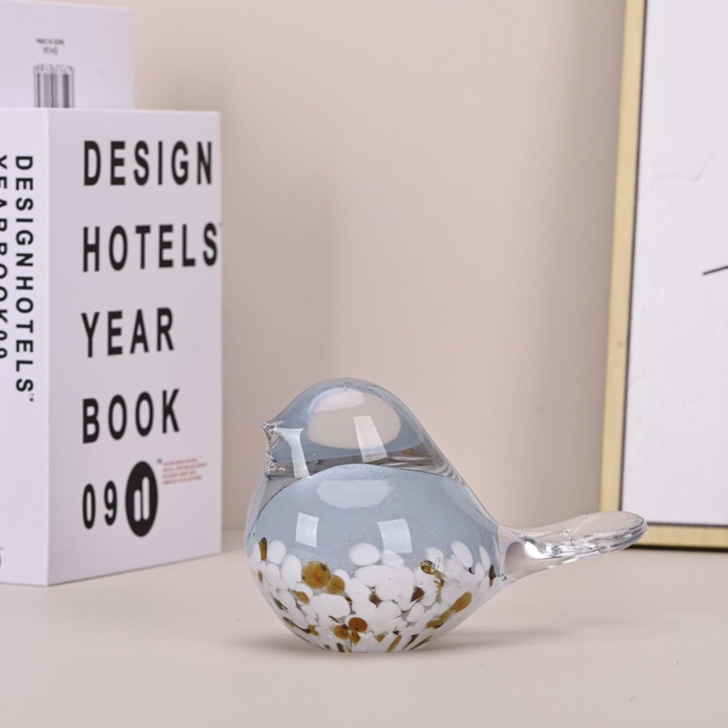 DOVDOV Hand Blown Glass Bird Statue Home Decor, Small Blue Glass Art Bird Sculpture for Office Desktop on Dresser entryway Decorative Ornament and Paperweight.