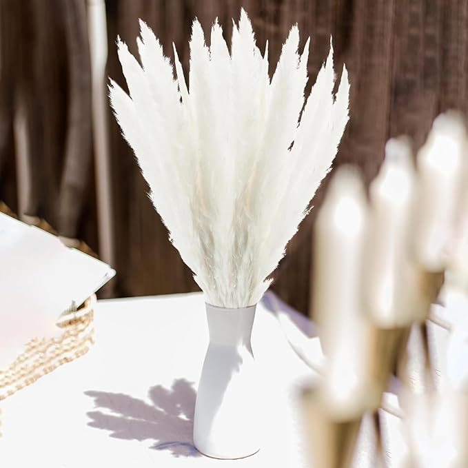 Uieke 50 100Pcs Natural Dried Pampas Grass Plume 17inch Tall Dried Flowers Large Faux Reed Artificial Plants for Wedding Flower Arrangements Farmhouse Wreath Door (120pcs-white)