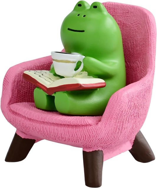 Cute Mini Frog Figurine with Small Sofa Resin Figure for Office Home Decor for Frog Lovers (Pink Sofa)