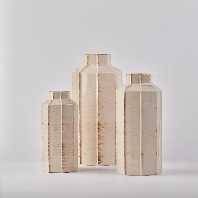 LUKA Ceramic Rustic Farmhouse Vase Set of 3,Ice Cracked Glazed Terracotta Vase,Large Vases for Decor,Fall Decoratiion Vases for Home, Table, Living Room, Shelf