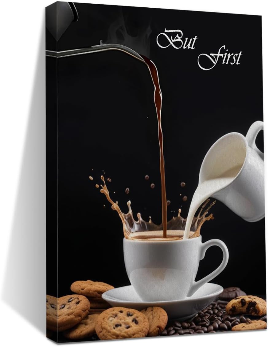 HZMLYDJ Coffee Bar Wall Art Decor, But First Coffee Bar Sign Kitchen Frames Art Pictures Canvas Dining Room Office Wall Decor Christmas Housewarming Gifts Modern Decorations
