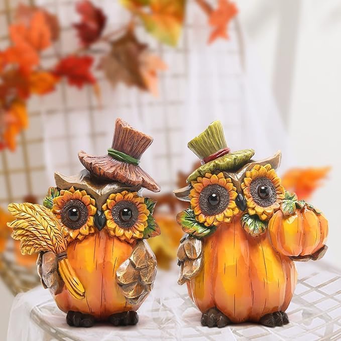 Hodao Harvest Decor Resin Owl Figurines with Sunflower and Pumpkin, Thanksgiving Collectible Statue for Autumn Table Decor, Rustic Fall Accent Gift for Home and Garden Seasonal Decoration