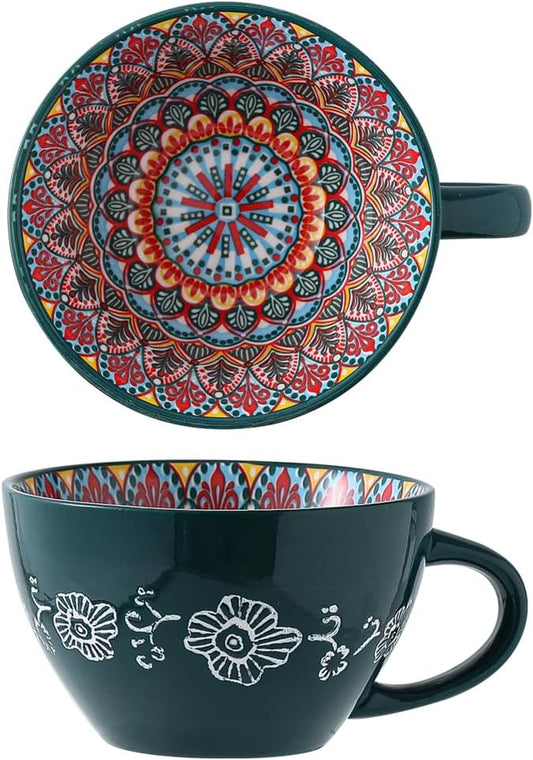 Bohemian Hand-Painted Ceramic Mug, 15 Oz Large Coffee Cup for Milk, Tea, and Breakfast, Dishwasher & Microwave Safe Artisan Cup, Green-M