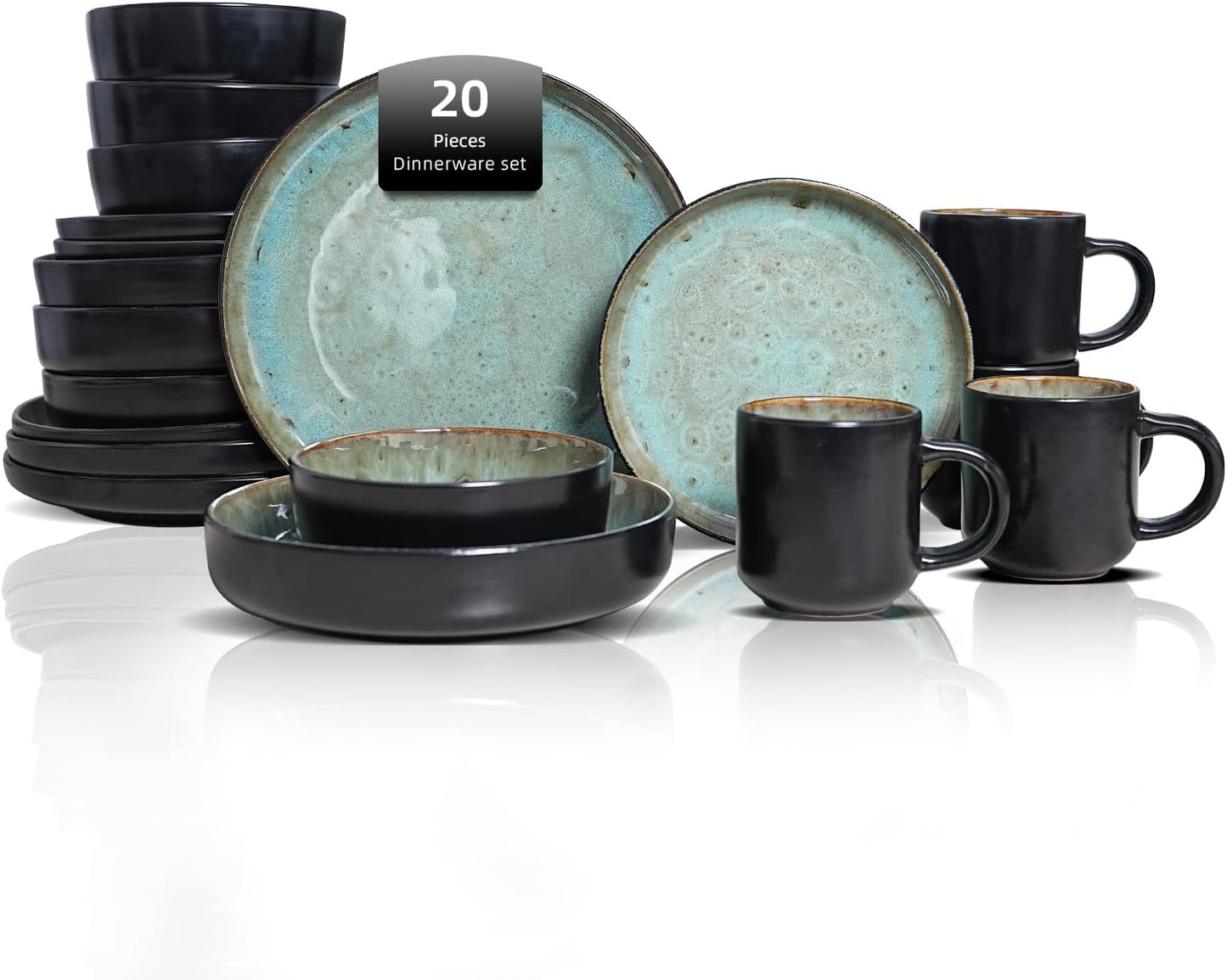 Euro-Nordic Stoneware 20pc Dinnerware Set, Reactive Glaze (Bubble Green, 20pc Set)