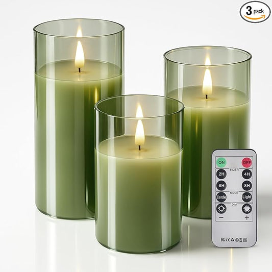 Tyawon Glass Battery Operated LED Flameless Candles with Remote and Timer, Real Wax Candles Warm Color Flickering Light for Festival Wedding Home Party Decor(Pack of 3)-Green
