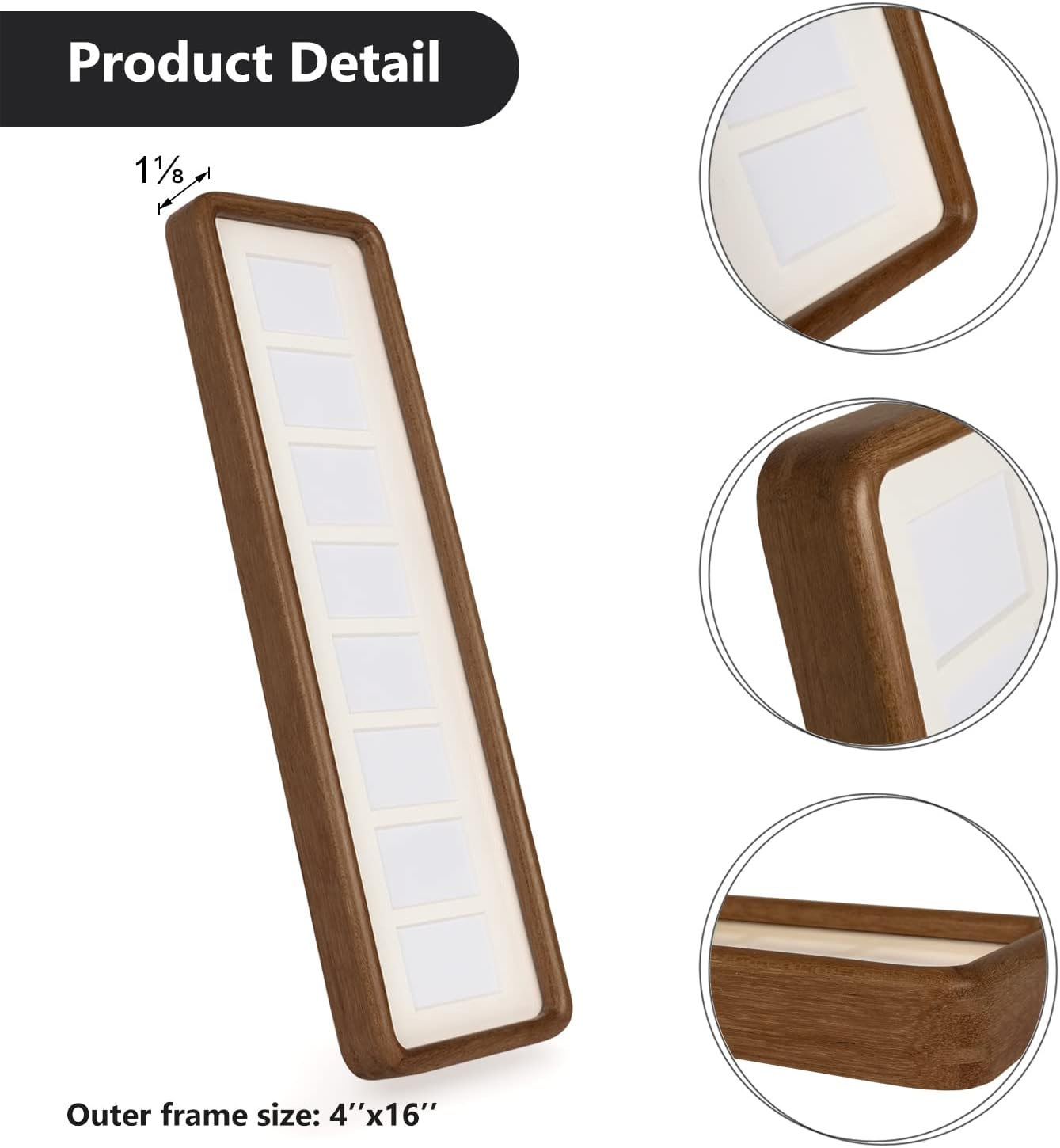 Hans 4""x16"" Collage Picture Frame with Single Mat, 1.5x2.5 Collage Matted Frame - Wall Mounting Horizontal or Vertical Display(8 Openings), Walnut