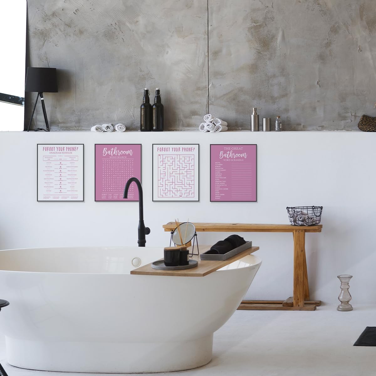ETVISO Funny Pink Bathroom Decor Wall Art Set of 4, Funny Crossword Puzzle Wall Art, Funny Forget Your Phone, Bathroom Word Search Wall Decor, 8x10 (Unframed)