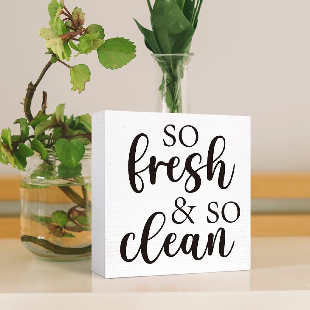 Funny So Fresh & So Clean Wooden Sign - Farmhouse Style for Bathroom, Toilet, Home Tabletop Decor