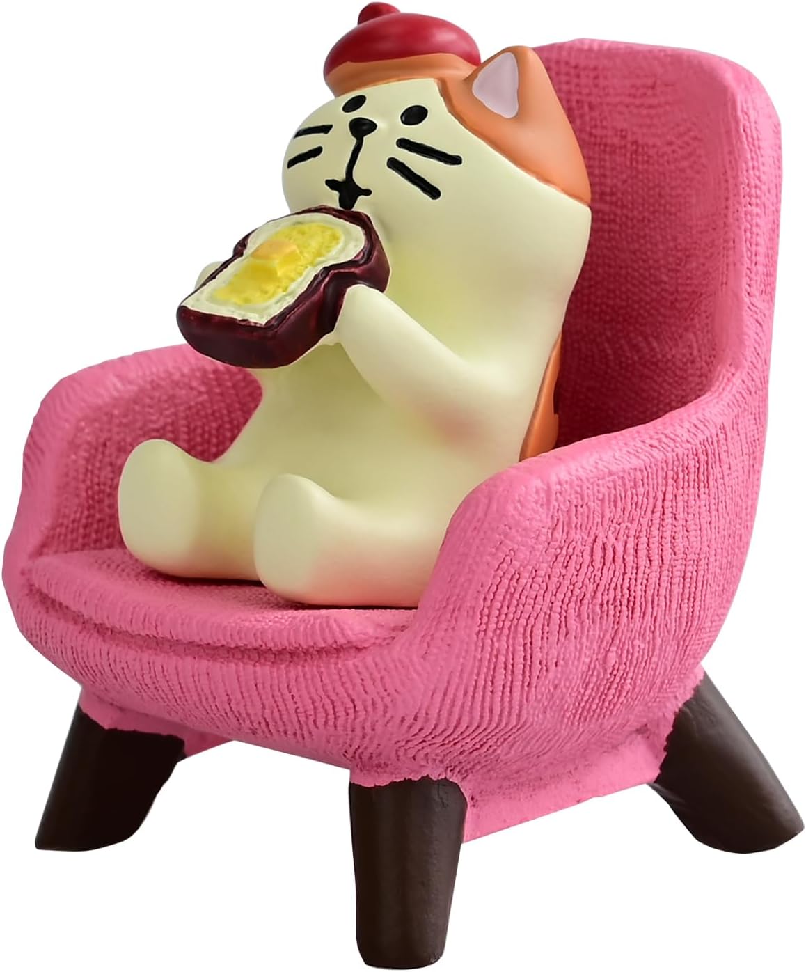 Cute Mini Cat Eating Toast Bread Figurine with Small Sofa Resin Figure for Office Home Decor for Cat Lovers (Pink Sofa)
