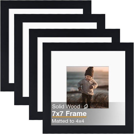KINLINK 7x7 Picture Frame, Black Square Solid Wood Frames for Pictures 4x4 with Mat or 7x7 without Mat, Wall and Tabletop Display Photo Frames Black 4 Pack