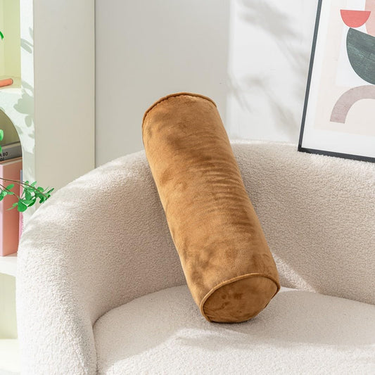 Cylinder Bolster Throw Pillow Roll Neck Pillow Velvet Round Bolster Decorative Throw Pillow for Couch & Bed Cervical Neck Pillow for Neck Home Office Car Decor (Brown)