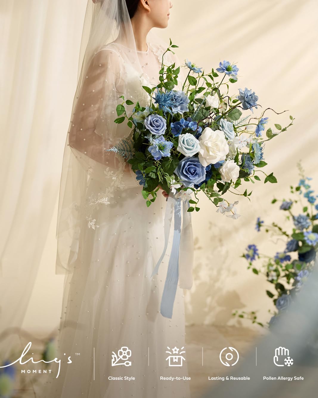 Ling's moment Dusty Blue Wedding Bouquets for Bride, Blue and White Bridal Bouquets for Bride,15 Inch Free Form Artificial Wedding Flower Bouquet