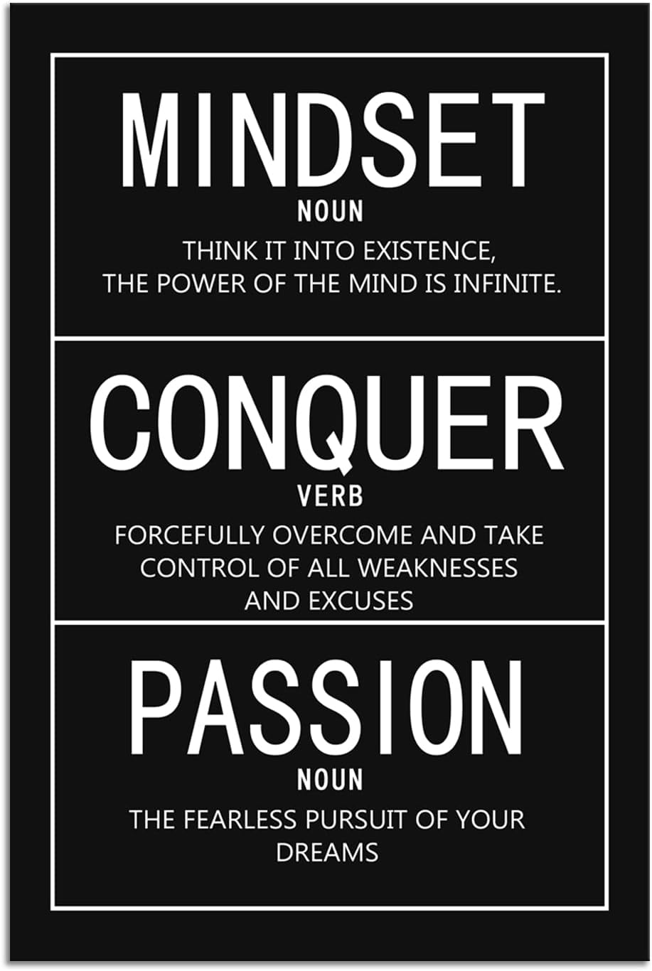 Inspirational Canvas Wall Art Mindset Noun Conquer Verb Passion Noun Picture Poster Wooden Artwork Motivational Entrepreneur Quote Painting for Office Bedroom Decor Framed [24" W x 36" H]