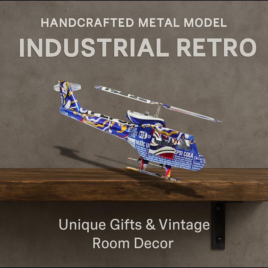 DYI Handcrafted Helicopter Model Made from Recycled Beer Cans — Small — Unique Gift for Beer Lovers, Dad, or Collectors — Eco-Friendly Bar Décor (Blue)