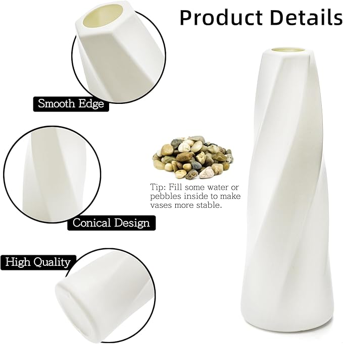 10 Pack White Flower Vases Bulk, 8" Modern Style Vases, Composite Plastic Unbreakable Bud Vase, Tall Conic Floral Vase for Centerpieces Bouquet Home Decor Wedding Party Dinner Table