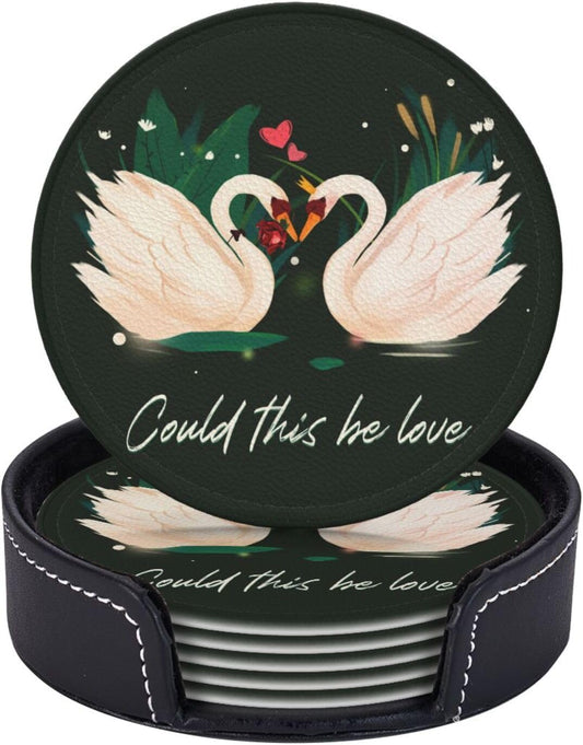 Drink Coasters with Holder Stand Set of 6, Swan Pu Leather Absorbent Coasters with Cork Base Table Round Coaster for Housewarming Apartment Kitchen Bar Decor