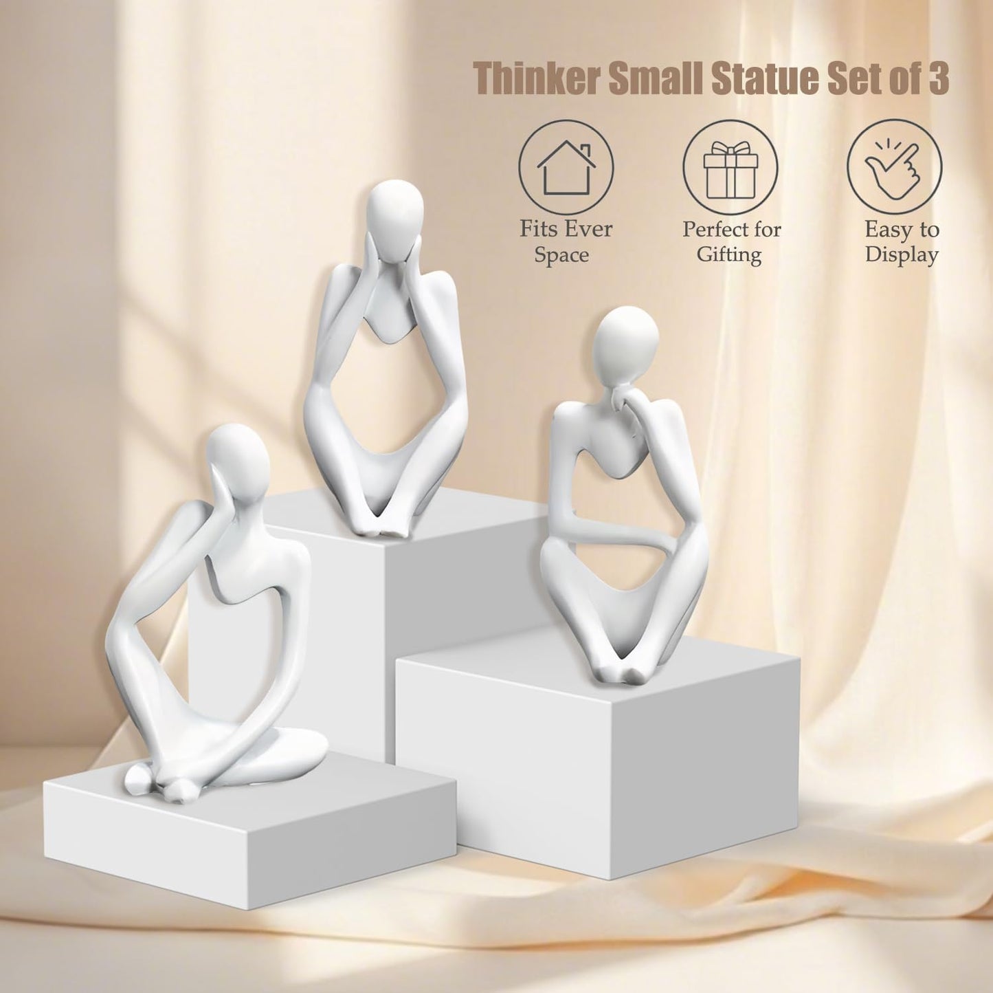 Mingzhang 3pcs Thinker Statue Abstract Art Thinker Figurines White Home Decor for Living Room, Office, Coffee Table, Bookshelf Decoration, Housewarming Gifts