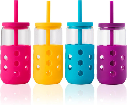 Glass Cups with Silicone Lids and Straws (4 Pcs), 16oz Drinking Glasses Set with Silicone Sleeves for Coffee Bar Accessories Iced Coffee Cups with Lids, Glass Tumbler Reusable for Gifts