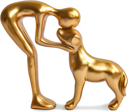 Cute Pet Sculpture Home Decor Man and Dog Statue Decoration for Office、Living Room、Bedroom、Home， Memory Gifts for Dog Lovers (Golden)