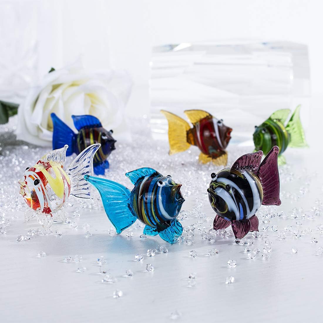 HDCRYSTALGIFTS Miniature Hand Blown Tropical Fish Figurine Art Glass Sea Animals Collection,Set of 6