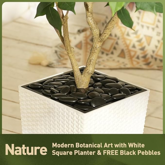 5FT Artificial Ficus Tree with White Taper Planter & Pebbles– Tall Faux Trees with UV Resistant Silk Leaves for Indoor Outdoor - Potted Fake Floor Plants for Home Office Room Decor, VN128