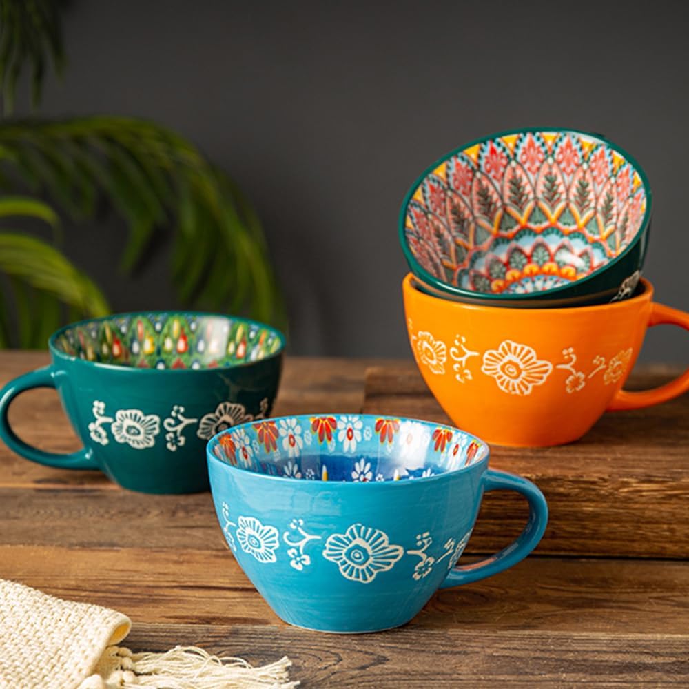 Bohemian Hand-Painted Ceramic Mug, 15 Oz Large Coffee Cup for Milk, Tea, and Breakfast, Dishwasher & Microwave Safe Artisan Cup, Green-M