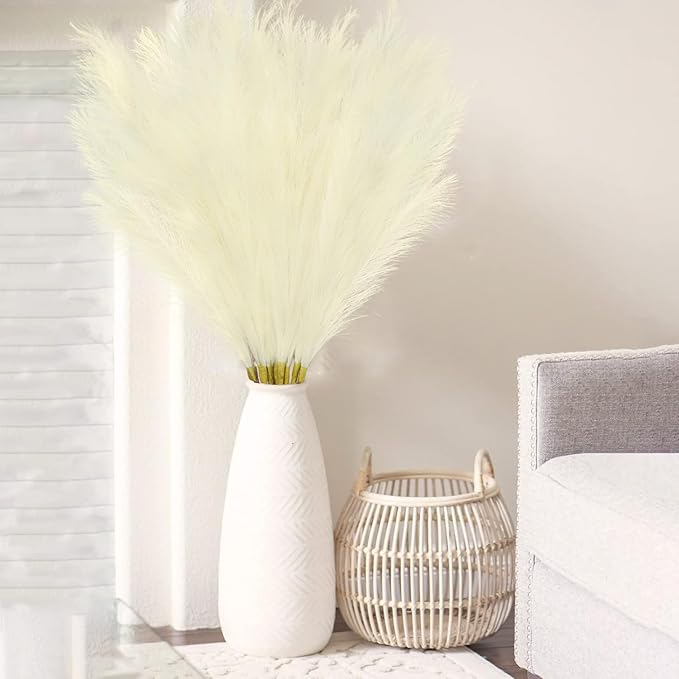 35" Faux Pampas Grass Decor, 8pcs Large Tall Fluffy Artificial Pompous Grass Branches Floral Fake Pompas Grass Bulrush Floor Vase Filler Flower Arrangement for Home Wedding Boho Decor Beige
