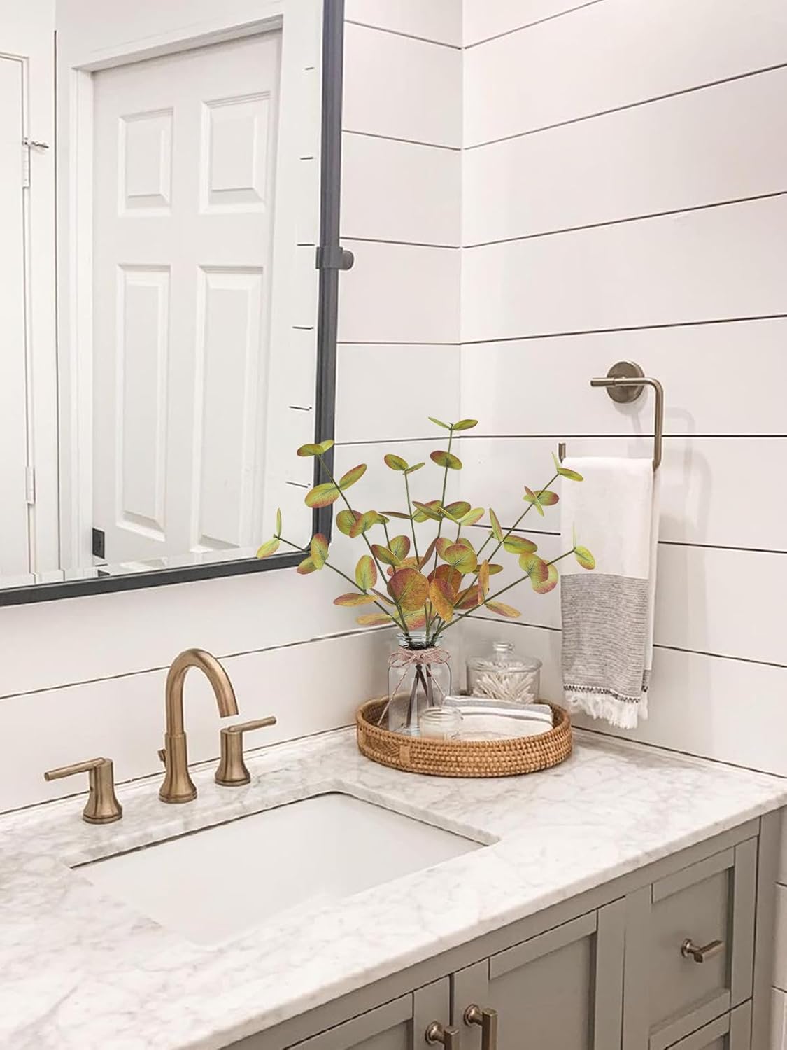 Fall Fake Eucalyptus Stems in Glass Vase with Faux Water 14" Fake Fall Plants with Artificial Eucalyptus Leaves Fall Decorations for Home Bathroom Desk Coffee Table Centerpiece Office Farmhouse Decor