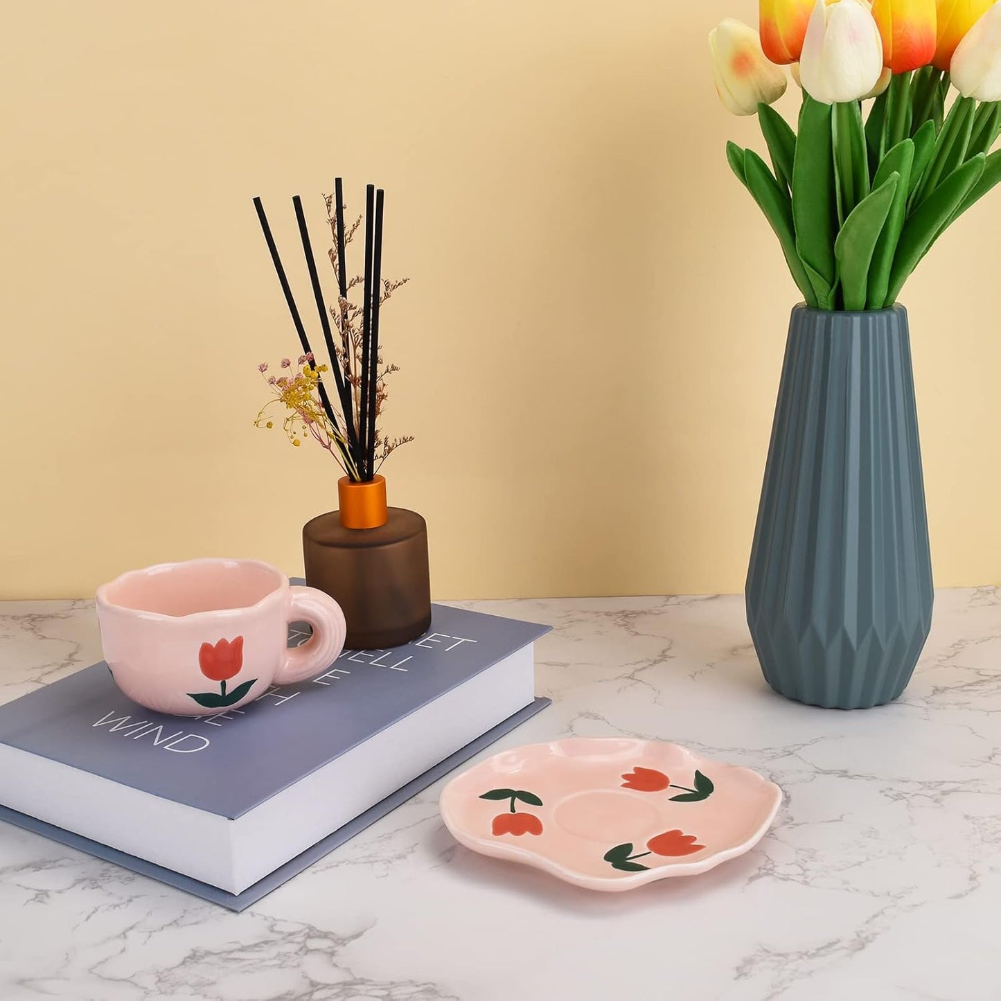 Koythin Ceramic Coffee Mug with Saucer Set, Cute Creative Cup Unique Irregular Saucer Design for Office and Home, Dishwasher and Microwave Safe, 6 oz/180 ml for Latte Tea Milk (Pink Tulips)