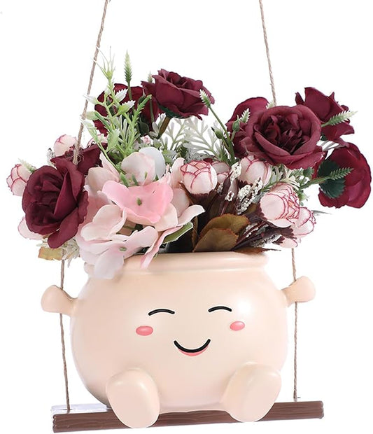 Hanging Planter Swing Smiley Indoor: Cute Glossy Resin Planters Garden - Funny Succulent Pots with Drainage Holes Outdoor
