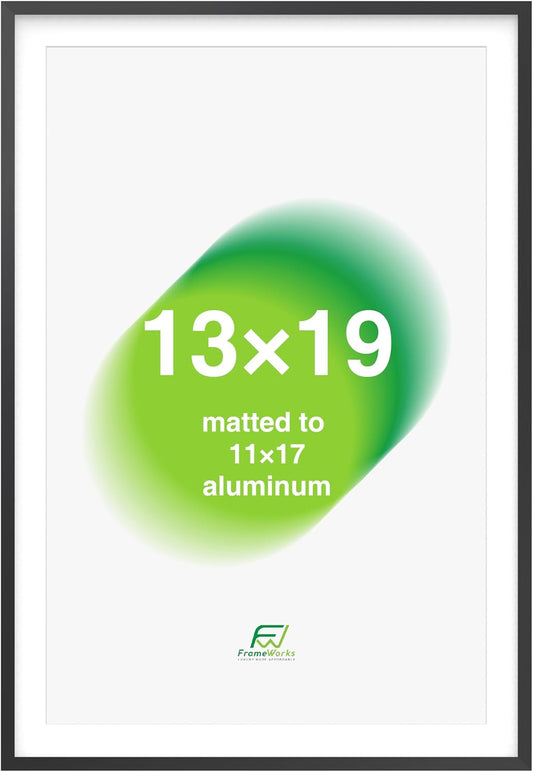 FrameWorks 13x19 Matted to 11x17 Picture Frame – Aluminum Frame w/Tempered Glass, Removable Mat for Photos, Posters, Art, Stylish Wall Frame for Home Decor, Gallery Walls, Office, Living Room - Black