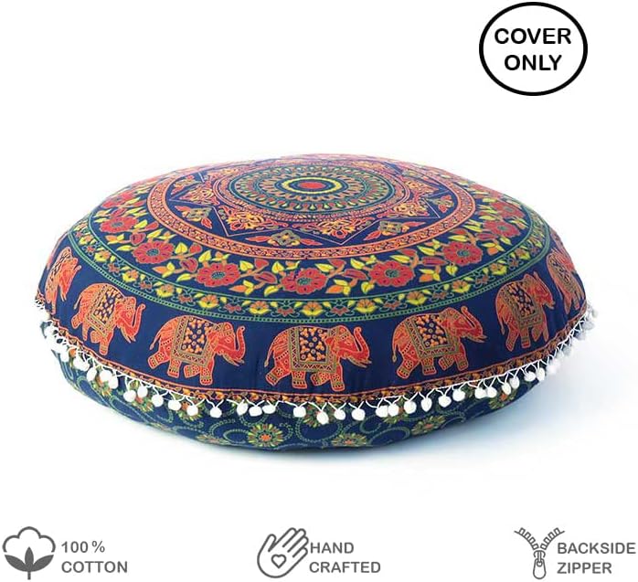 Eyes of India - Mandala Floor Pillow Cover Meditation Cushion Seating Throw Hippie Round Colorful Decorative Bohemian Indian Pouf Ottoman Handmade Cover ONLY (M1 Dark Blue-2, 32" x 32")