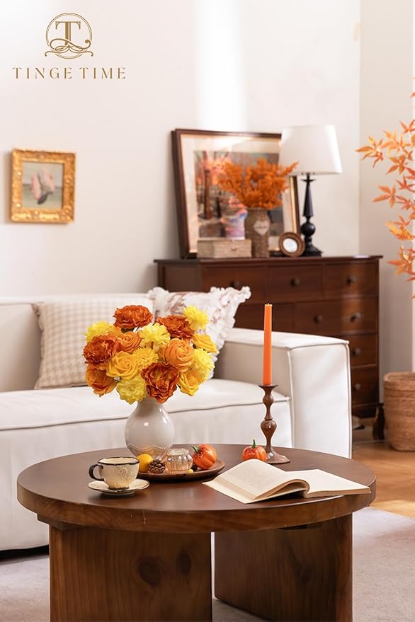 TINGE TIME Artificial Flowers Combo Set, Gradient Color Flower Leaf with Stems for DIY Wedding Bouquets Centerpieces Baby Shower Party Home Decorations(Yellow & Tangerine Orange)