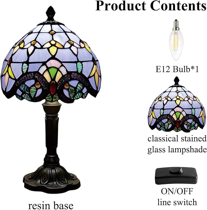 Tiffany Style Table Lamp 8'', Purple Tiffany Table Lamp for Bedroom Study Office Home Stained Glass Lamp