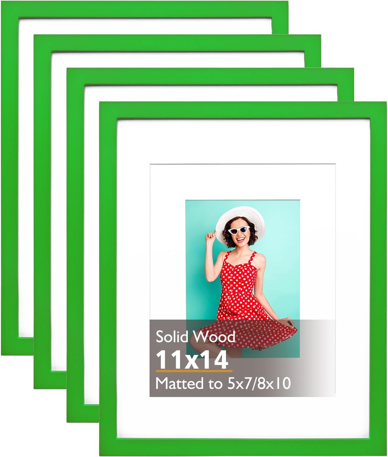 KINLINK 11x14 Picture Frame Grass Green, Solid Wood Frames with Acrylic Plexiglass for Pictures 5x7/8x10 with Mat or 11x14 without Mat, Tabletop and Wall Mounting Display, 4 Pack