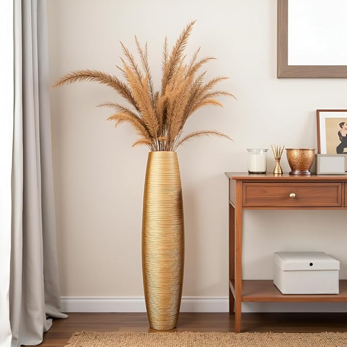 Tall Floor Vase, 27.5 inches (70cm, 2.3FT) Tall Vases Sturdy, Luxury, Textured for Decorative Branches Dried Flowers, Floor Vase for Rustic Living Room, Shelf Decor, Resin Gold