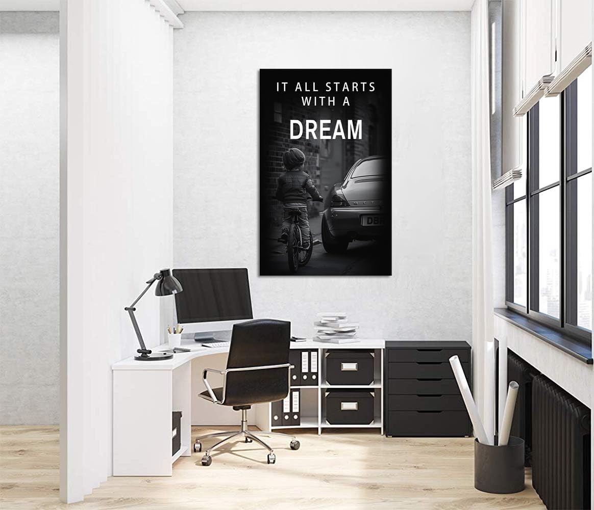 Large Inspirational Office Poster Canvas Wall Art It All Starts with A Dream Motivational Signs for Office School Black White Creative Nordic Positive Artwork Workplace Gym Decor Framed Art-28 inch x