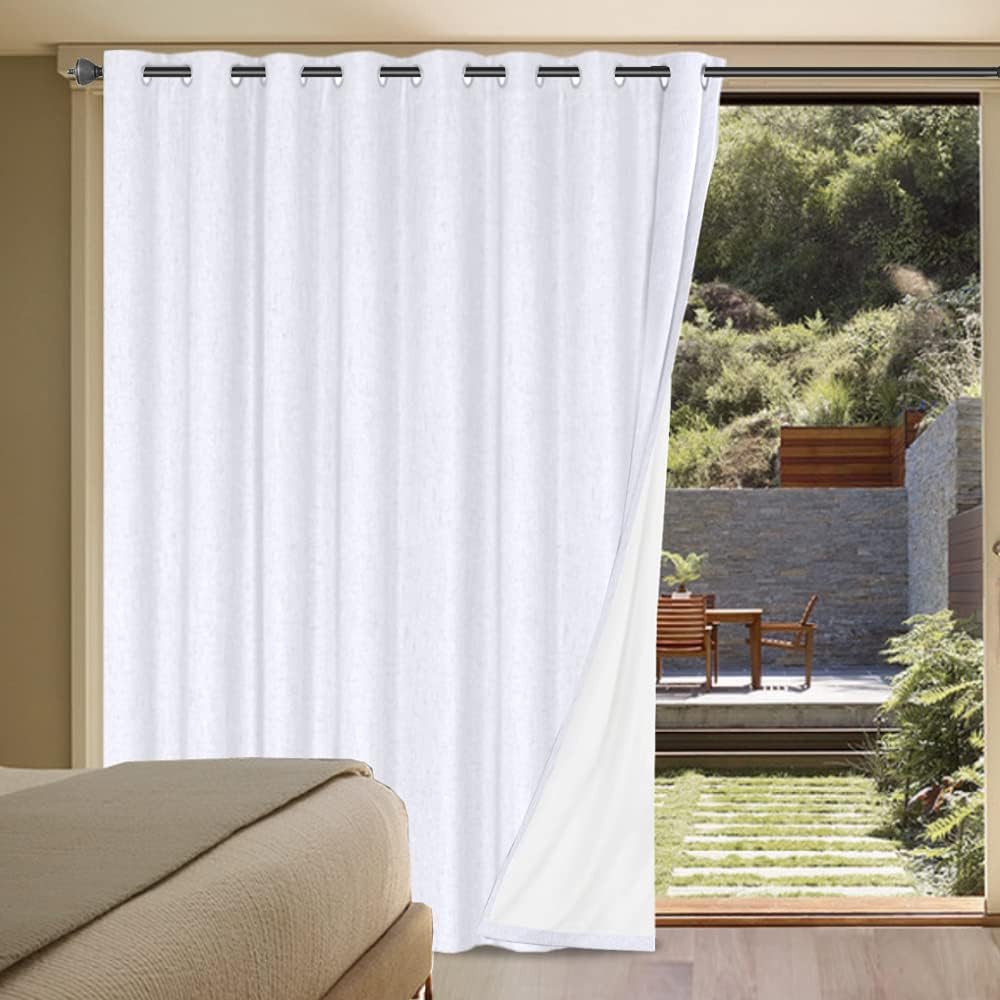 H.VERSAILTEX White Linen Blackout Curtains Durable Thick Textured Linen Look 100% Blackout Patio Door Curtain Anti Rust Grommet Extra Wide Sliding Door Curtain Panel, W100 x L96 inch- Bright White