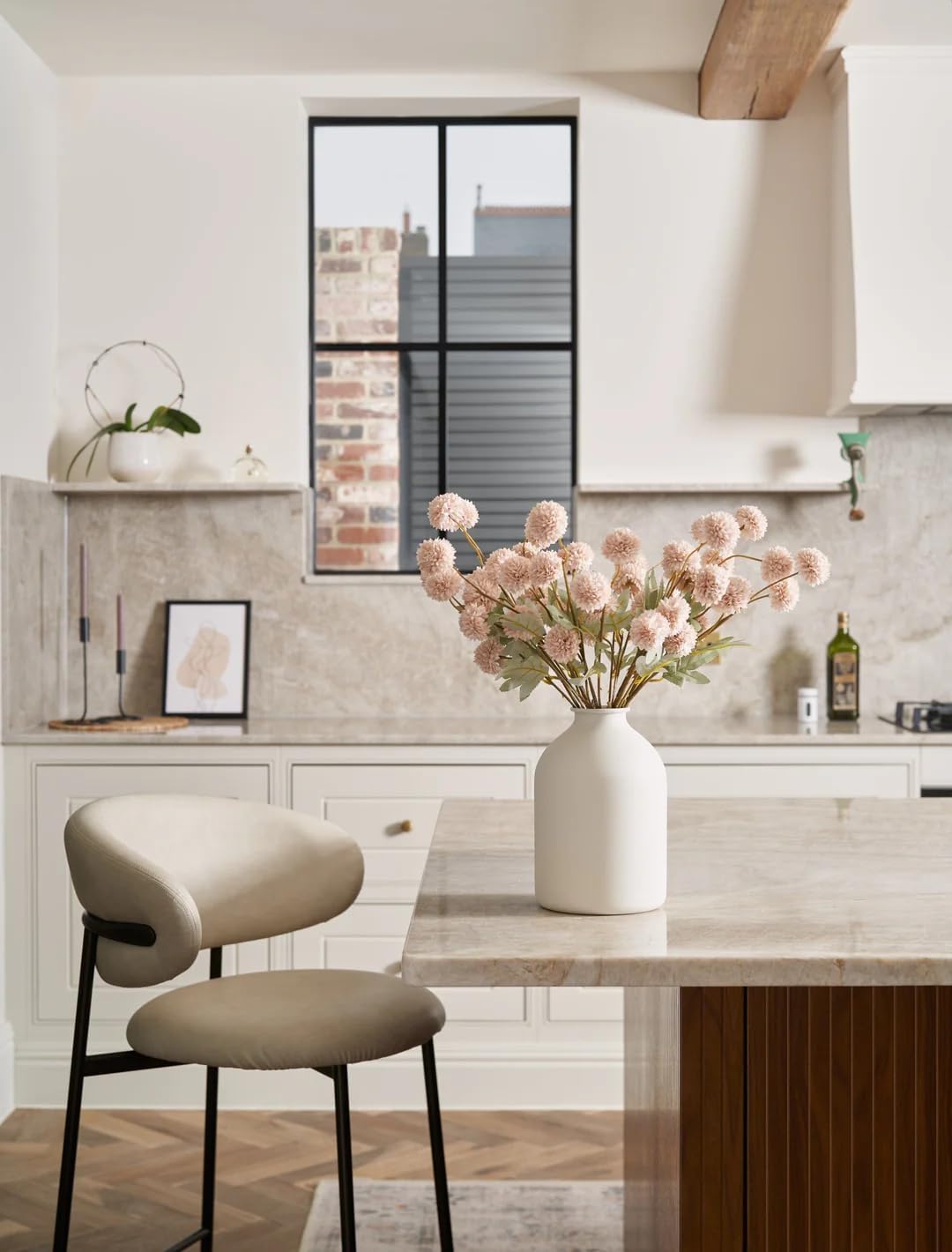 Laelfe Fall Flowers Artificial Pompon Mum, 5Pcs Fake Kiku Flowers Silk Small Mini Chrysanthemum Ball Faux Mum Decor for Autumn Filler DIY Bouquet Centerpieces Arrangements Shower(Beige)