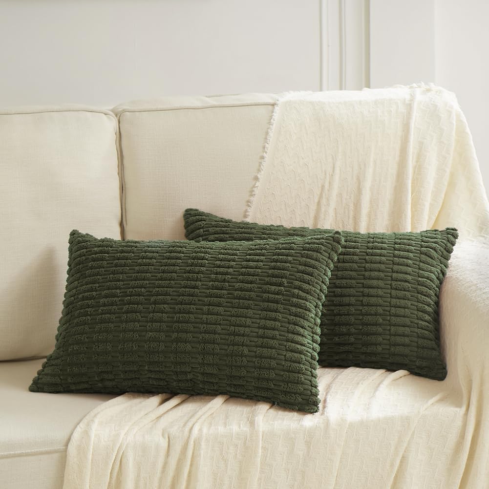 Fancy Homi Boho Olive Green Decorative Throw Pillow Covers 12x24 Inch for Couch Bed Sofa, Rustic Modern Farmhouse Home Decor, Soft Plush Corduroy Cute Square Cushion Case 30x60 cm