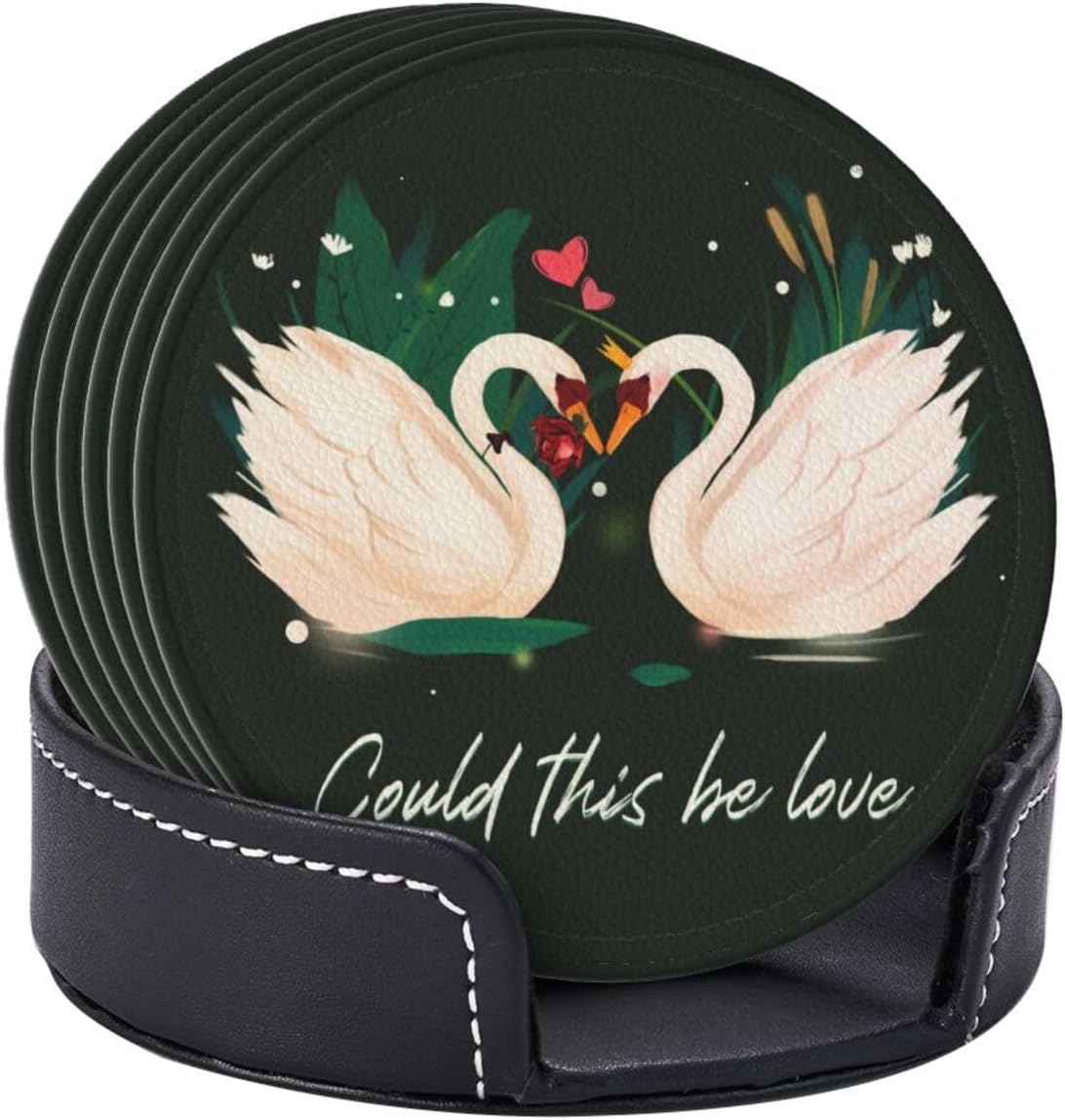 Drink Coasters with Holder Stand Set of 6, Swan Pu Leather Absorbent Coasters with Cork Base Table Round Coaster for Housewarming Apartment Kitchen Bar Decor