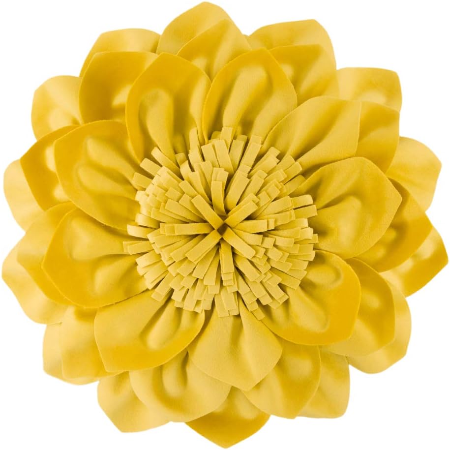 Decorative Throw Pillow 3D Flower Round Pillow Accent Handmade Cushion with Insert for Couch Bed Home Decor 14 inch Yellow