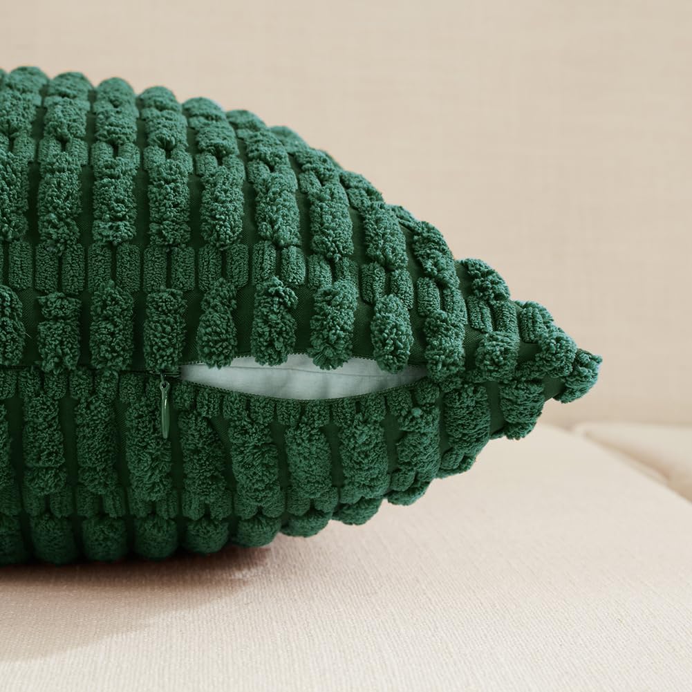 Fancy Homi Boho Dark Green Decorative Throw Pillow Covers 14x24 Inch for Couch Bed Sofa, Rustic Modern Farmhouse Home Decor, Soft Plush Corduroy Cute Square Cushion Case 35x60 cm