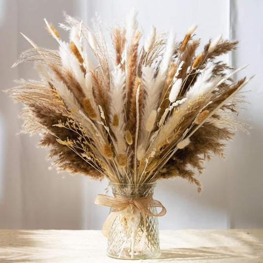 106pcs Natural Dried Pampas Grass Decor with Vase Artificial Flowers in Vase Boho Home Decor Bouquet Bunny Tails Dried Flowers, Reed Grass Bouquet for Wedding Floral Arrangements (106pcs)