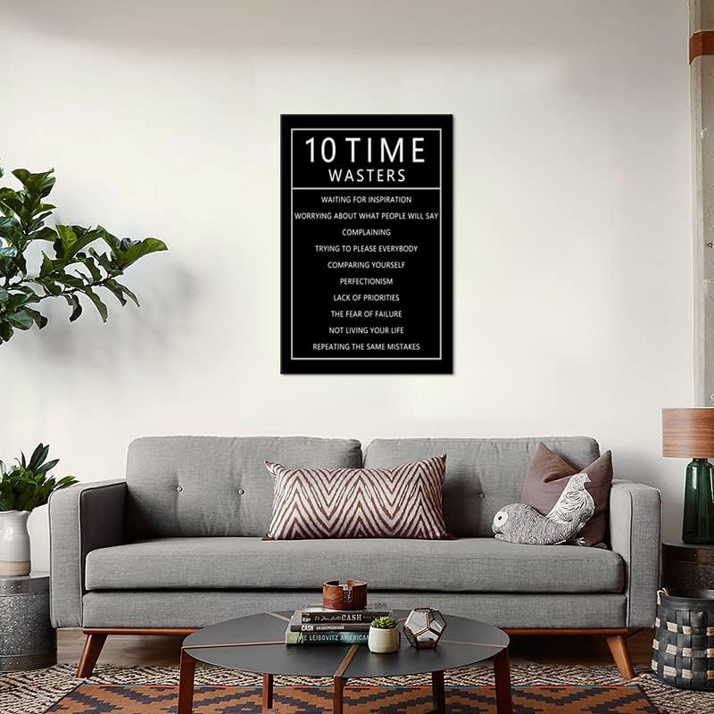 Inspirational 10 Time Wasters Wall Art for Office Motivational Positive Quote Canvas Poster Wall Decor Paintings Wooden Framed Artwork Living Room Bedroom Home Decoration Ready to Hang [24''W x 36''H]