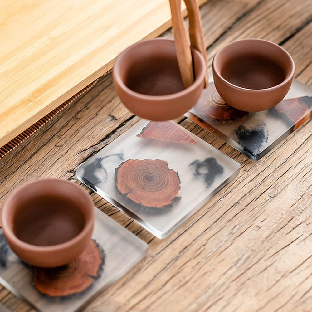 DIYOMR Set of 6 Wood Coasters with Holder, Resin Epoxy Coaster for Drinks, Cool Coaster Art for Home Office Coffee Bar Table Protection Decor (6 Square Set with Holder)