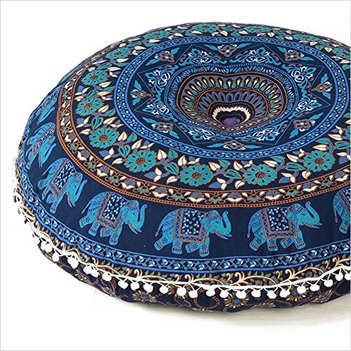Eyes of India - Mandala Floor Pillow Cover Meditation Cushion Seating Throw Hippie Round Colorful Decorative Bohemian Indian Pouf Ottoman Handmade Cover ONLY (M1 Dark Blue, 32" x 32")