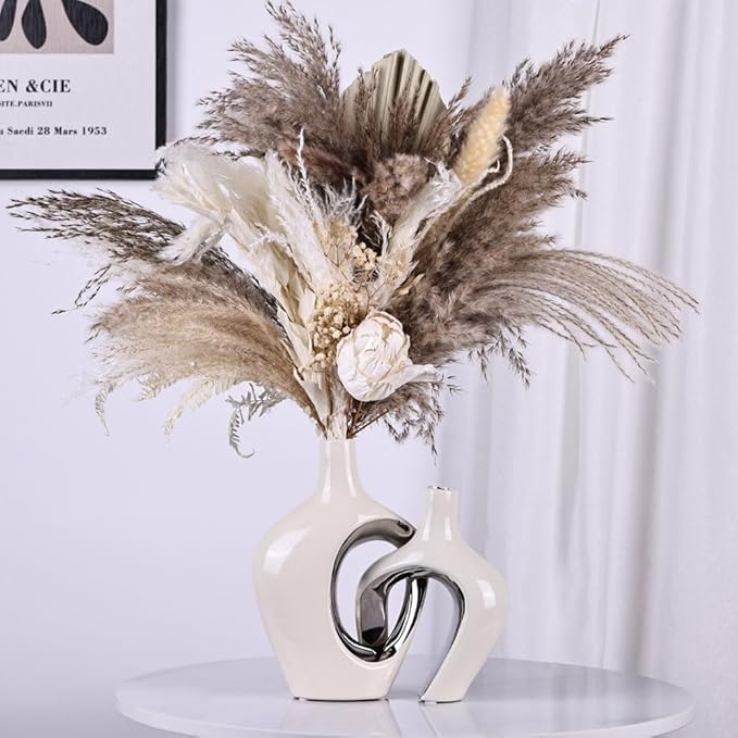White and Silver Hollow Ceramic Vase Set of 2, Modern Nordic Boho ins Style Aesthetic Decorative Flower Vase for Home Decor, Wedding, Living, Bedroom, Dining Table, Shelf, Mantle, Office Decor