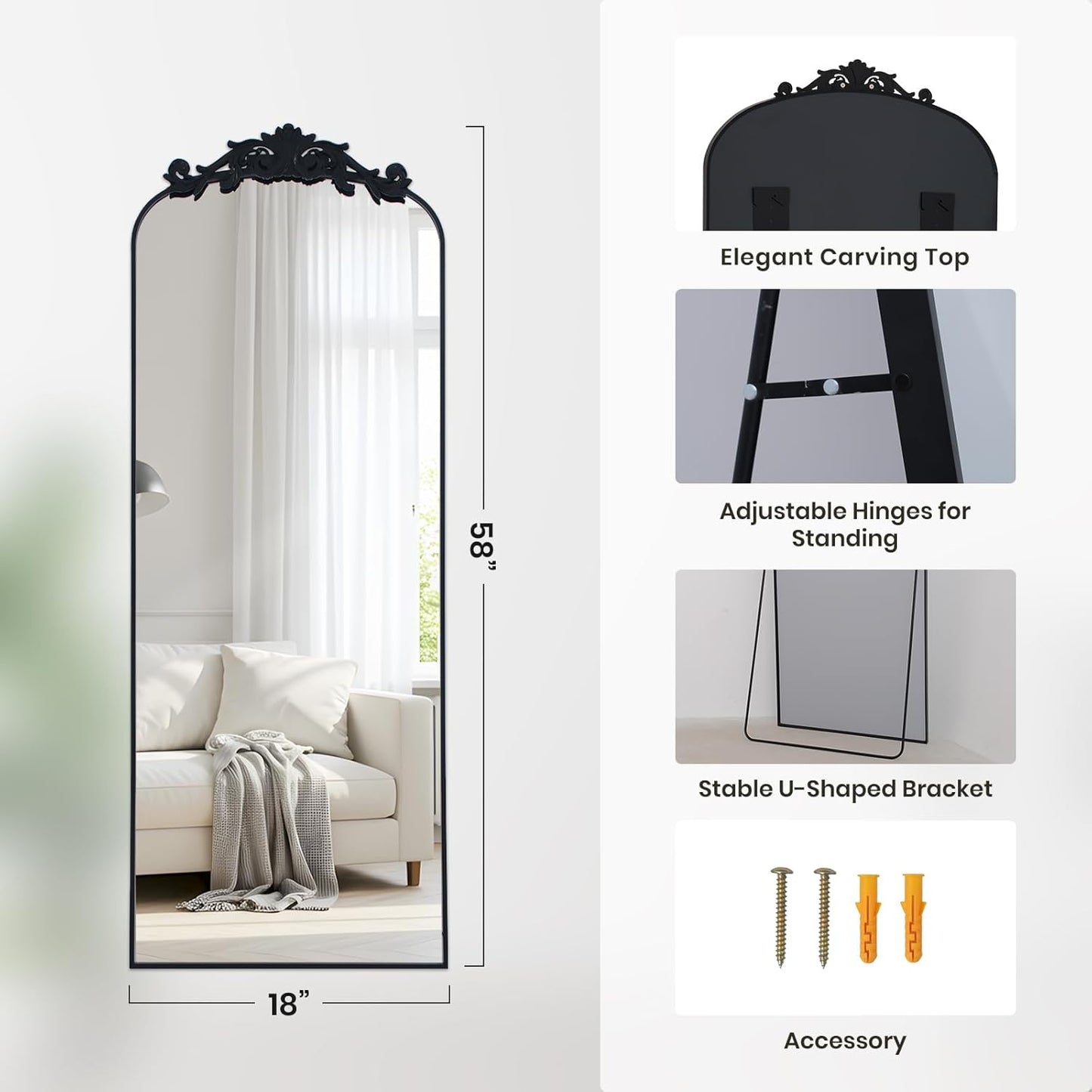 Filigree Floor Mirror 58"x18" Full Length Freestanding with Vintage Ornate Carved Applique Full Body Mirror Hanging Wall Mounted for Living Room Bedroom Retor Home Decor Mirror, Black