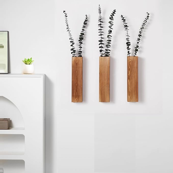 3-Pack Decorative Wood Wall Planters for Artificial Plant, Dried Flower Stems, 12" Slim Wood Wall Vases for Living Room, Bedroom, Bathroom, Apartment Decor
